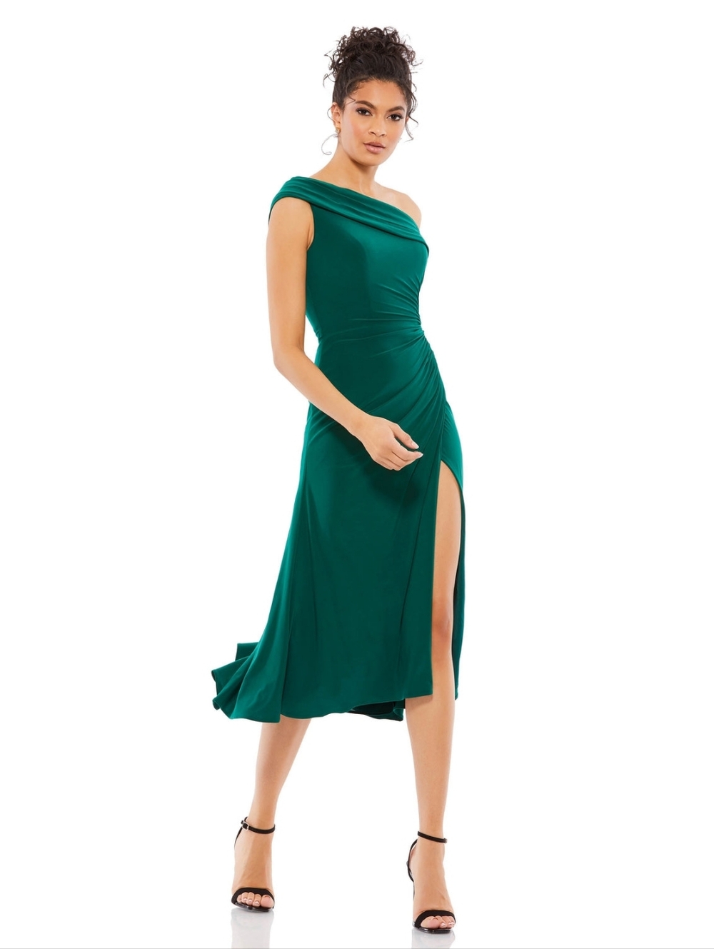 Mac Duggal Elegant Off-Shoulder Emerald Green Midi Dress with Side Slit NWT